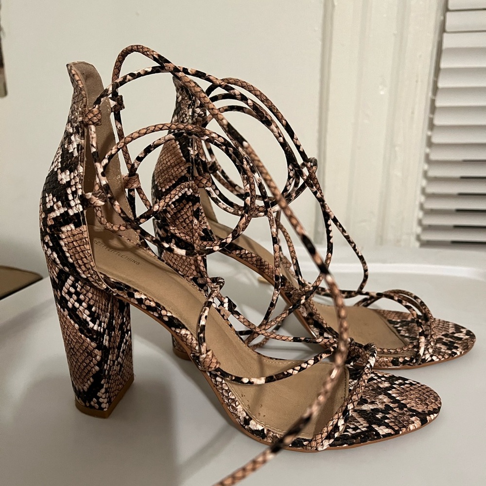 Strappy snake print heels